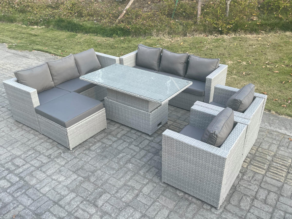 GARTENSOFA SET mit höhenverstellbarer Tisch Polyrattan Helles Grau 9-Sitzer - Hellgrau, Metall - Fimous