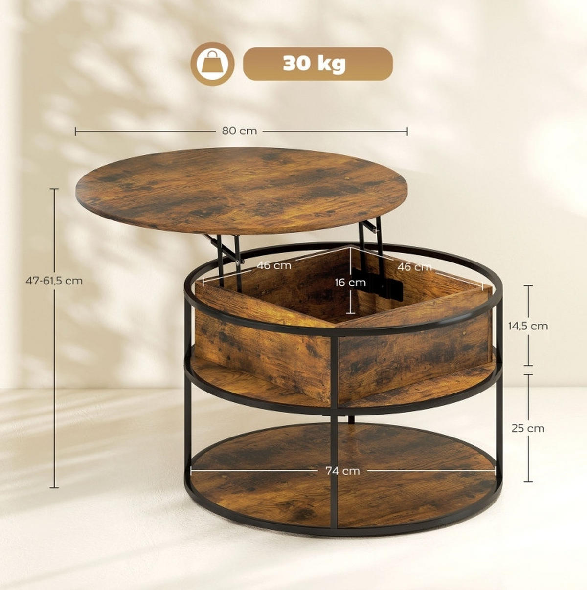 COUCHTISCH 80/80/47-61,5 cm höhenverstellbar mit Stauraum und Ablage, Braun - Braun, Holz (80/80/61.5cm) - Modfu