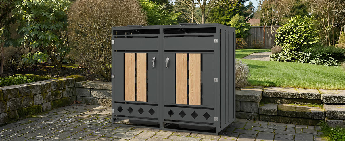 MÜLLTONNENBOX Klappdeckel 2 Türen Holzoptik vertikal - Grau, Metall (132/118.5/80cm) - LEBENLANG