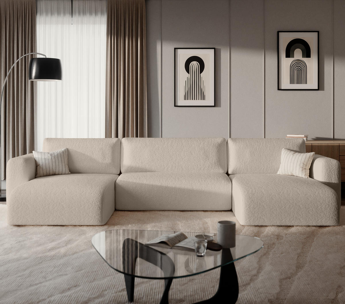 WOHNLANDSCHAFT TALW U mit Schlaffunktion, Beige - Ecru, Textil (398/185cm) - Fedve