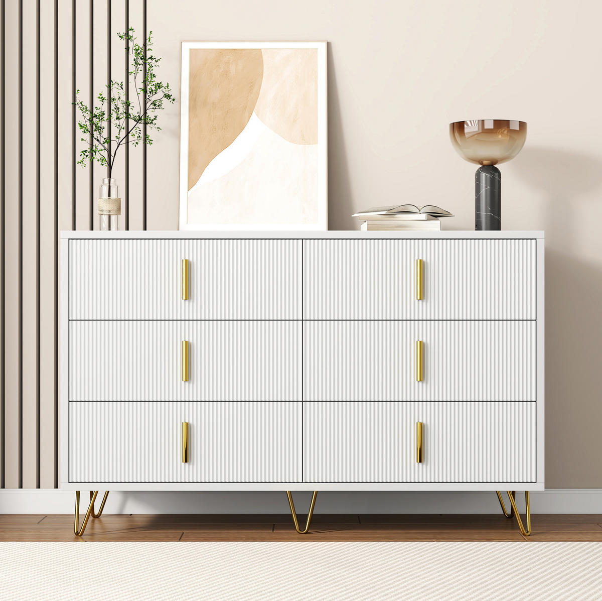 SIDEBOARD 120/77/40 cm Weiß/Gold aus Spanplatte mit 6 Schubladen - Weiß, Holzwerkstoff (40/77/120cm) - OKMYHOME