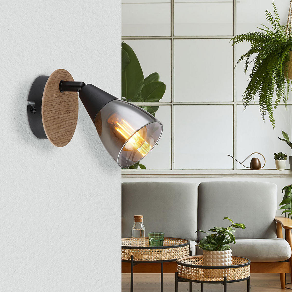 WANDLEUCHTE Metall Braun schwenkbar - Schwarz, Holz (8/13/16cm) - Globo Lighting