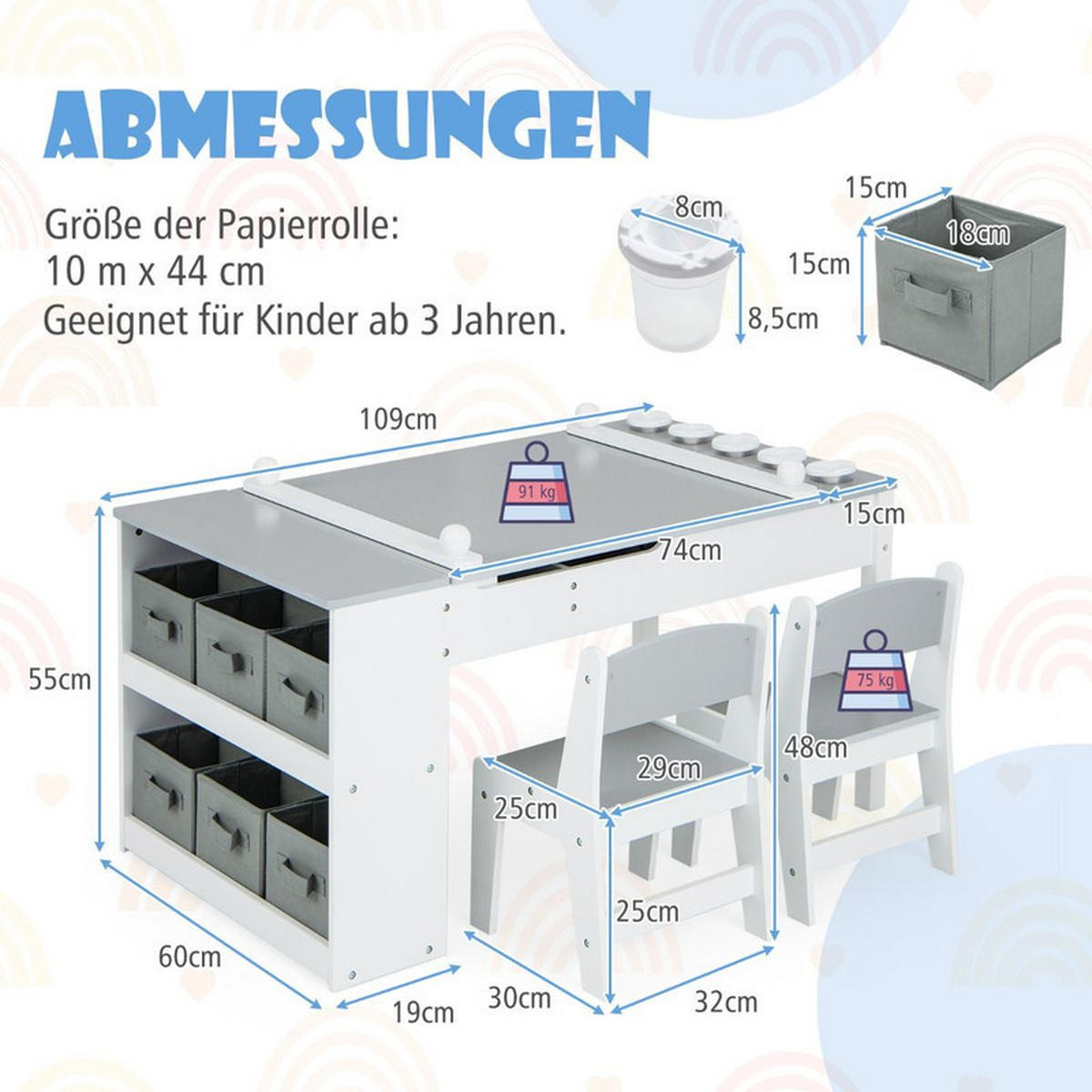 KINDERTISCH mit Stuhl grau(3-tlg) - Grau, Holzwerkstoff (109/55/60cm) - COSTWAY