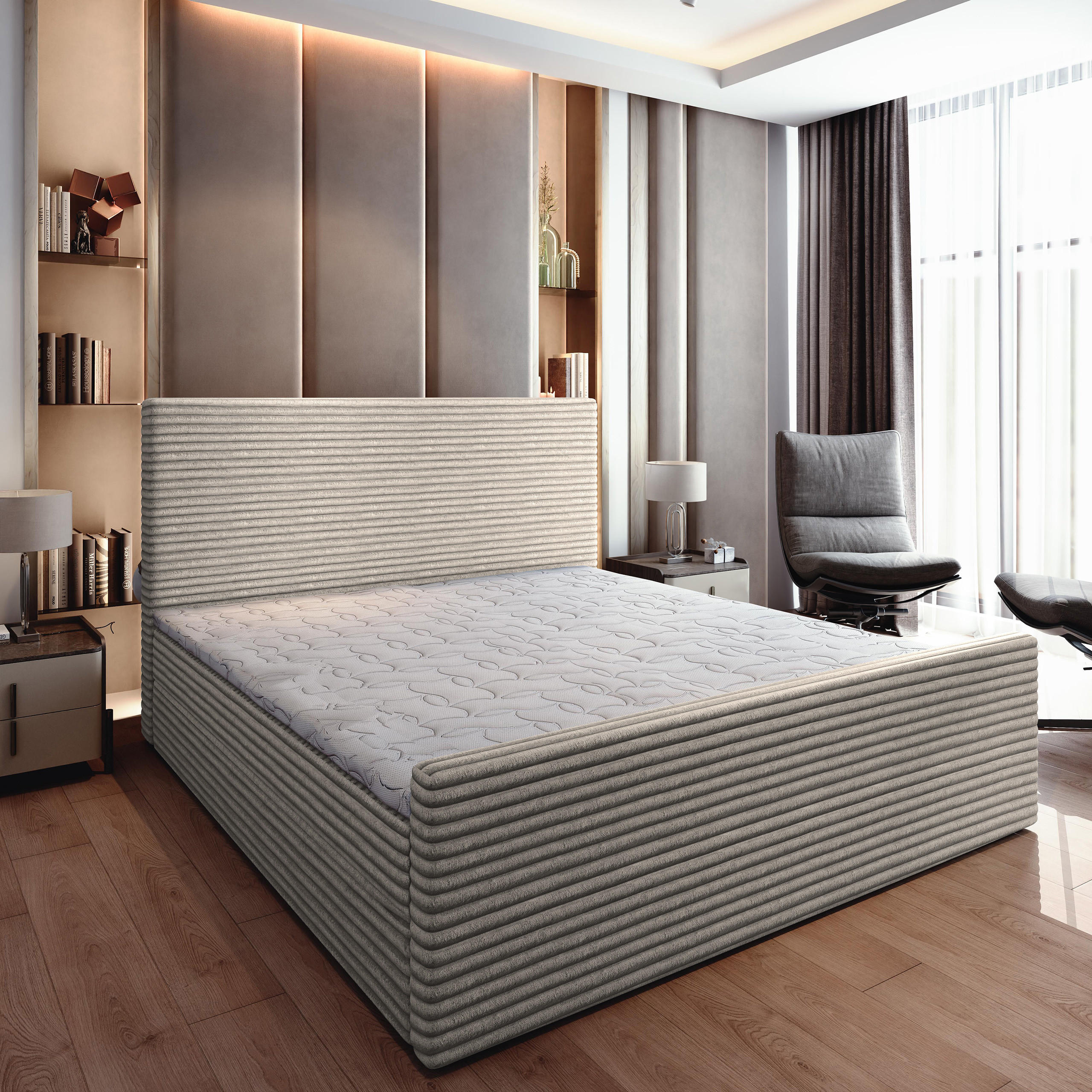 BOXBETT BRENTO 140x200 cm mit Matratze und Topper - Hellgrau - Hellgrau, Holz (140/200cm) - MASSENO