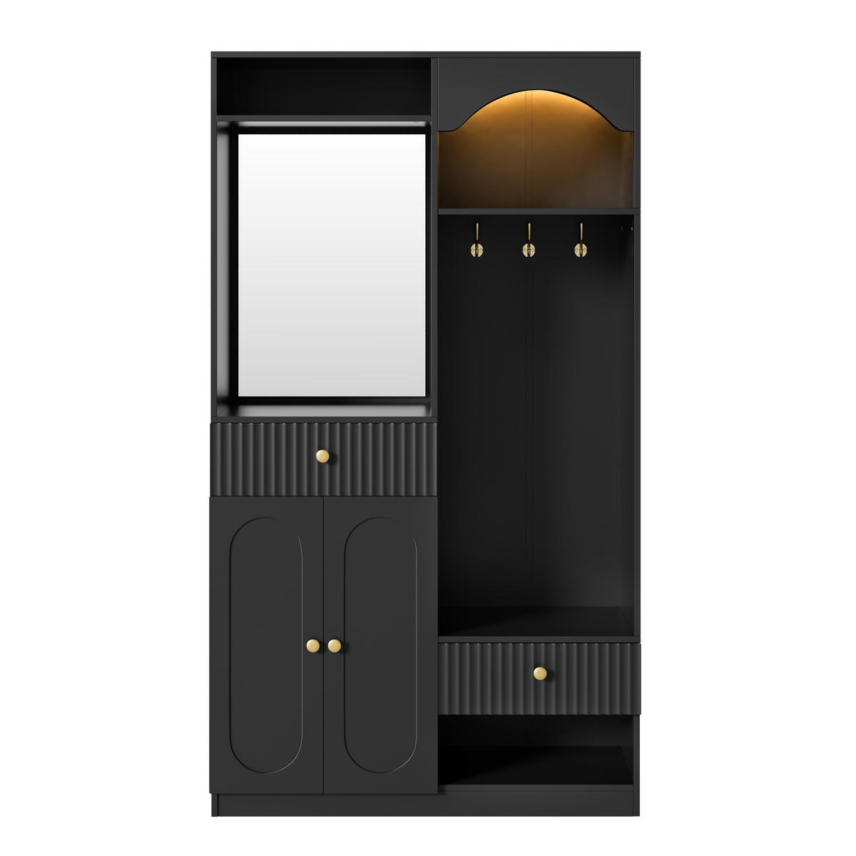 KOMPAKTGARDEROBE Spiegel Sitzbank Schuhschrank Haken LED - Schwarz, Holzwerkstoff (100/180/35cm) - FLIEKS