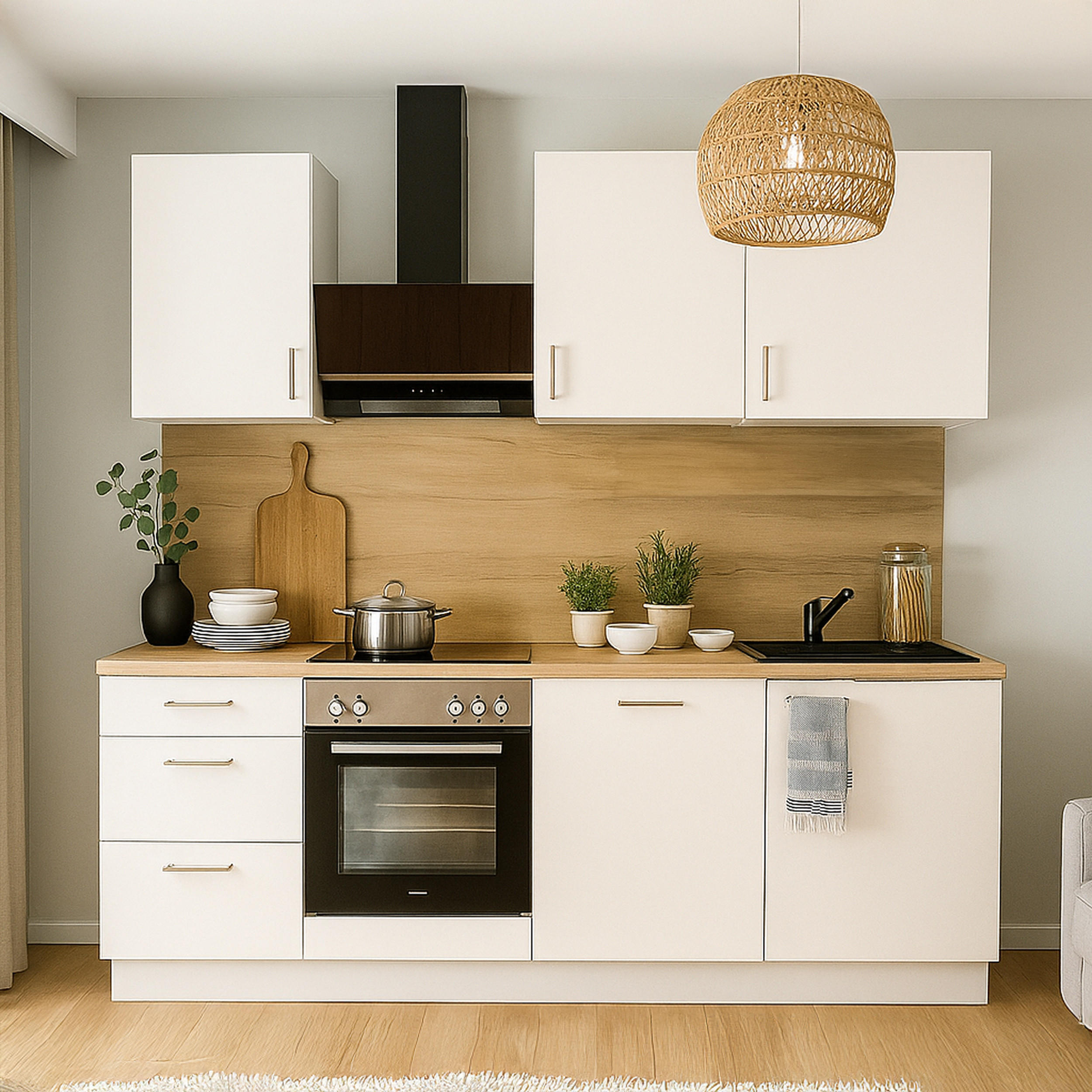 KÜCHENLEERZEILE „Freiburg“ 210 cm – ohne E-Geräte – Premiumweiß – mit Zubehör - Edelstahlfarben/Weiß, Holzwerkstoff/Metall (210/210/60cm) - GEBA