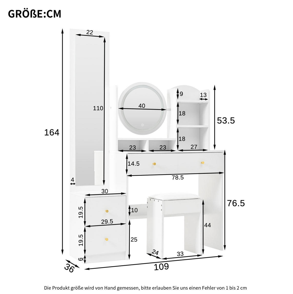 SCHMINKTISCH 109/36/164 cm Weiß mit LED-Beleuchtung und Hocker Ganzkörperspiegel - Weiß, Holzwerkstoff (36/164/109cm) - OKWISH