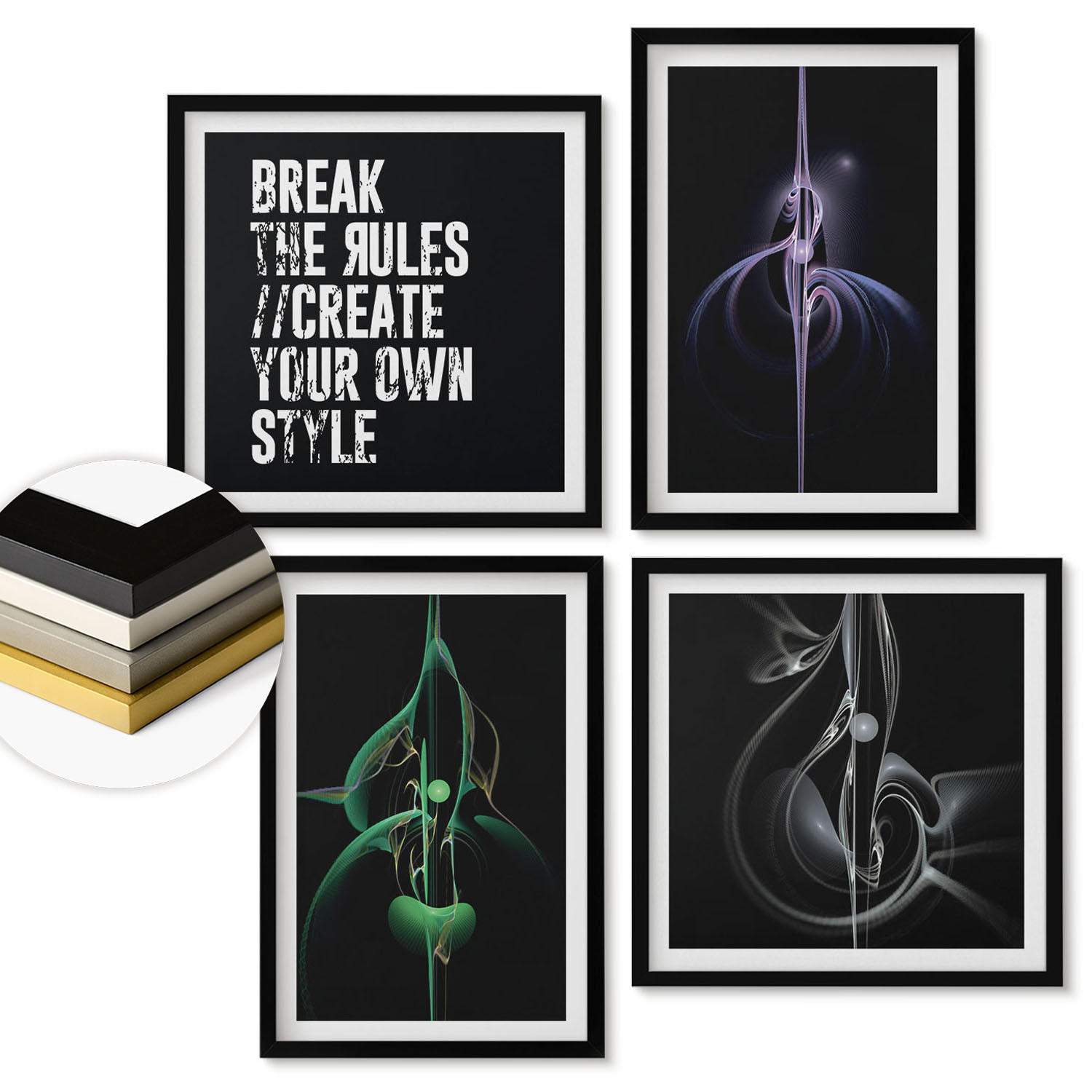 WANDBILDER 4er-Set - 50x50 cm & 40x60 cm Schwarzer Rahmen - Abstrakte schwarze Muster - Schwarz, Kunststoff (50/50cm) - ArtPrintCave