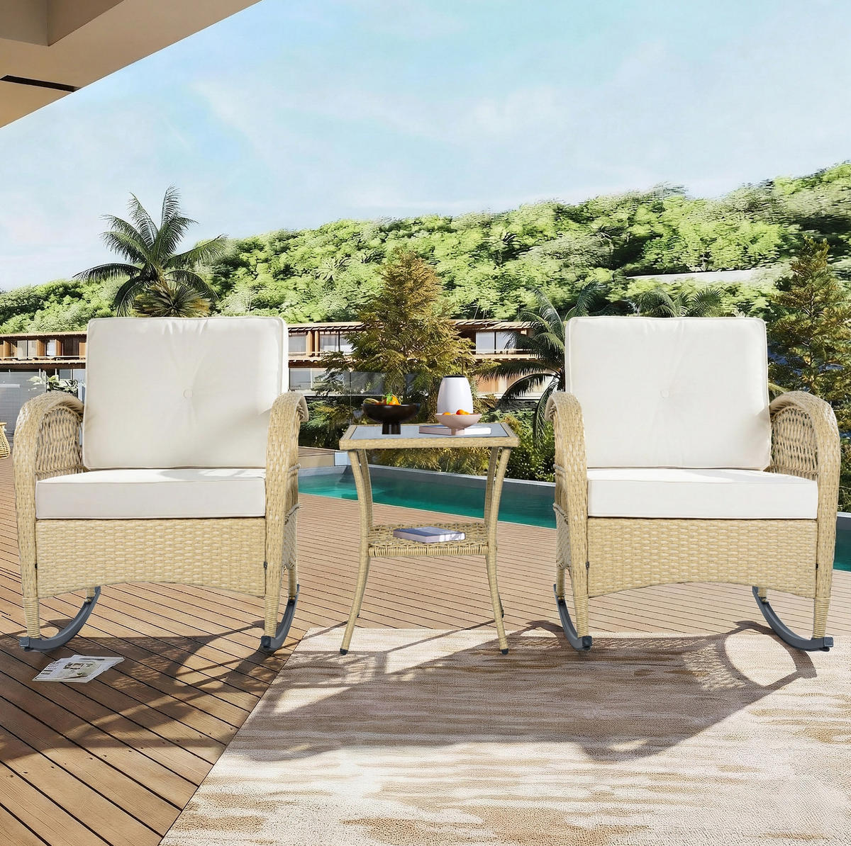 GARTENSETS aus Rattan 3-teilig Beige mit Schaukelstühlen & Glastisch - Beige, Metall - Modfu