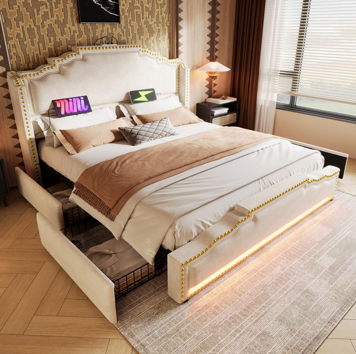 POLSTERBETT 160/200 cm in Beige mit LED-Beleuchtung, 4 Schubladen und USB-C - Beige, Leder (160/200cm) - Flora Grace
