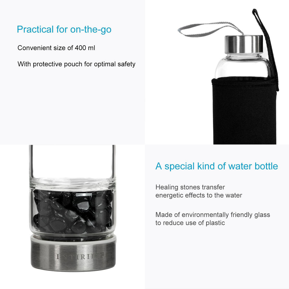 WASSERFLASCHE mit Heilsteinen und Tasche 400ml - Schwarz, Glas (0.4L) - Intirilife
