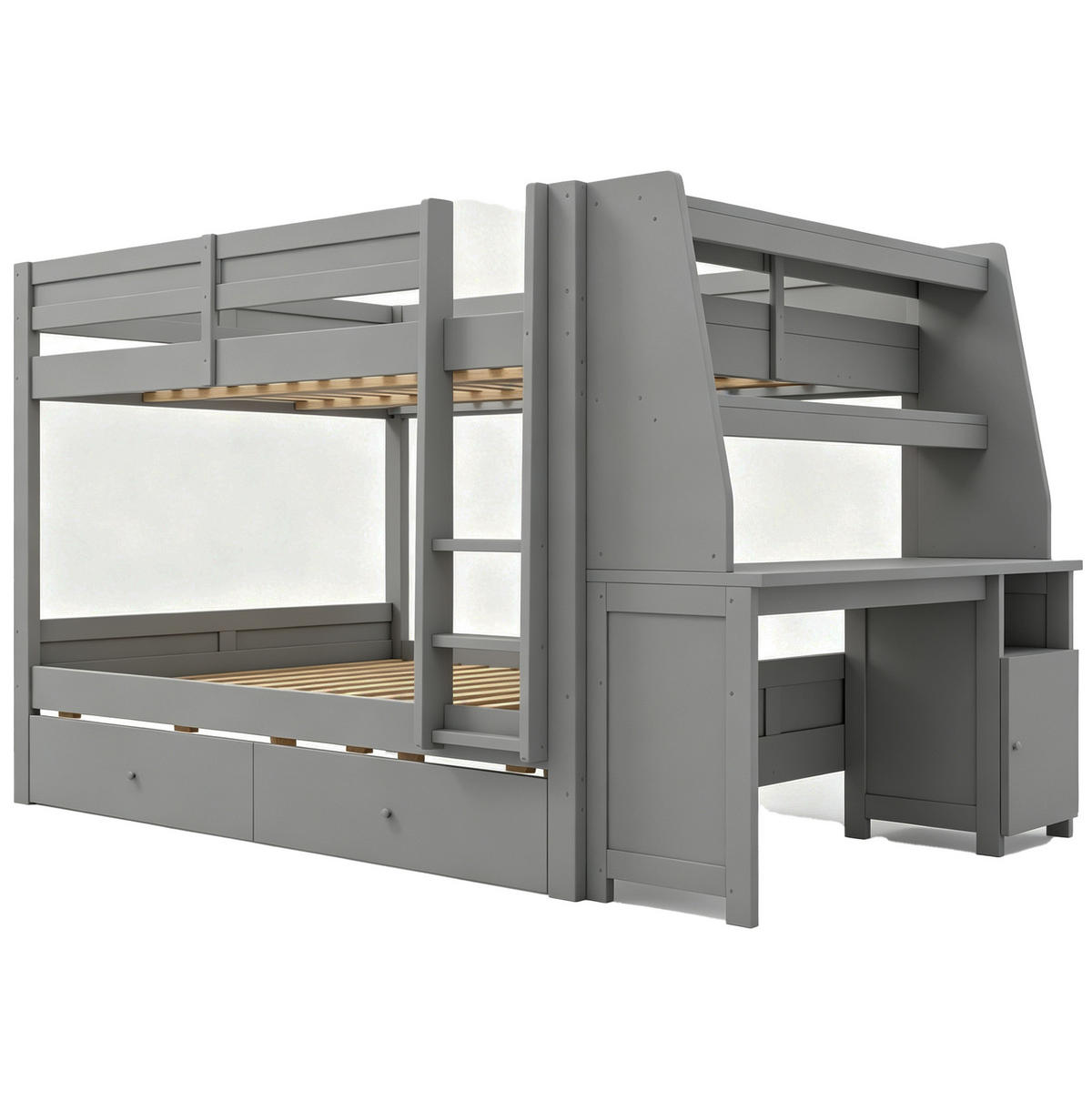 ETAGENBETT aus Holz 140x200 cm Grau mit Schreibtisch, Stauraum, Schubladen und Sicherheitsgeländer - Grau, Holz (140/200cm) - Modfu