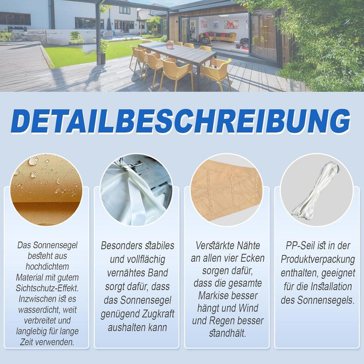 SONNENSEGEL Rechteckig 2 x 4 m Wasserdicht UV-Schutz 95% Sand - Sandfarben, Textil (200/400cm)