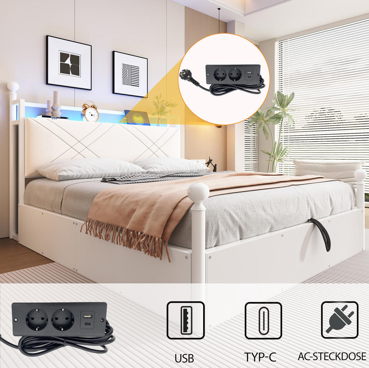 POSTEĽ s baldachýnom 140/190 cm biela s úložným priestorom, LED a USB/Type-C z kovu - biela, kov (140/190cm) - OKWISH
