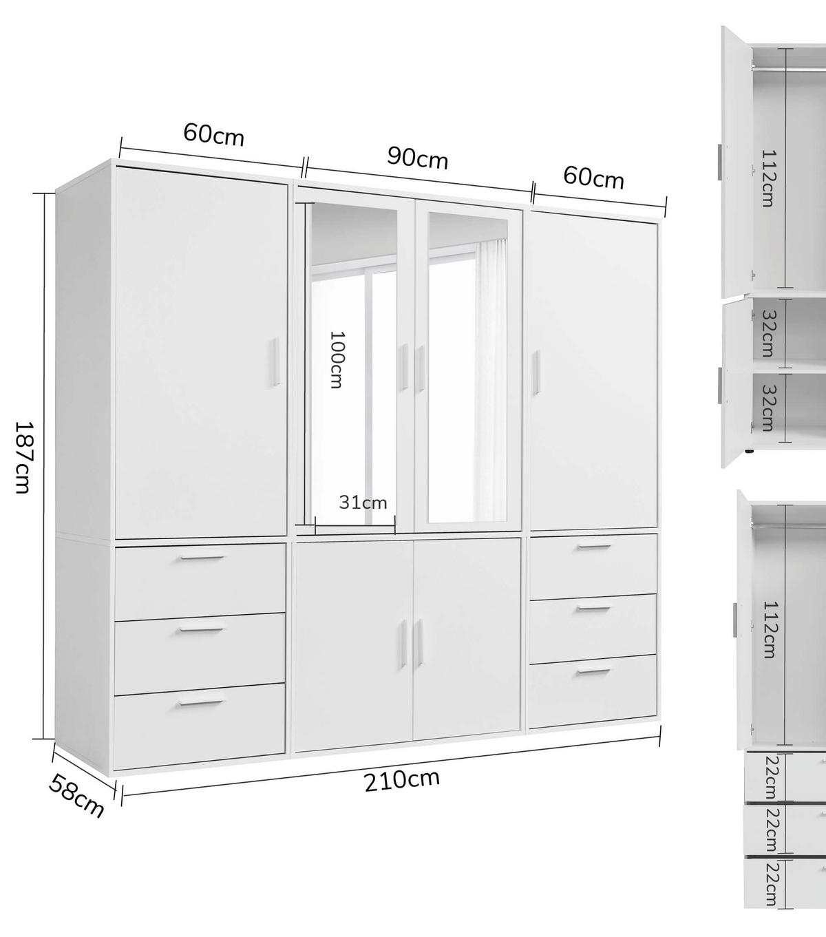 KLEIDERSCHRANK mit Spiegel Der Grenzenlose - Weiß, Holzwerkstoff (210/187/58cm) - Mokebo