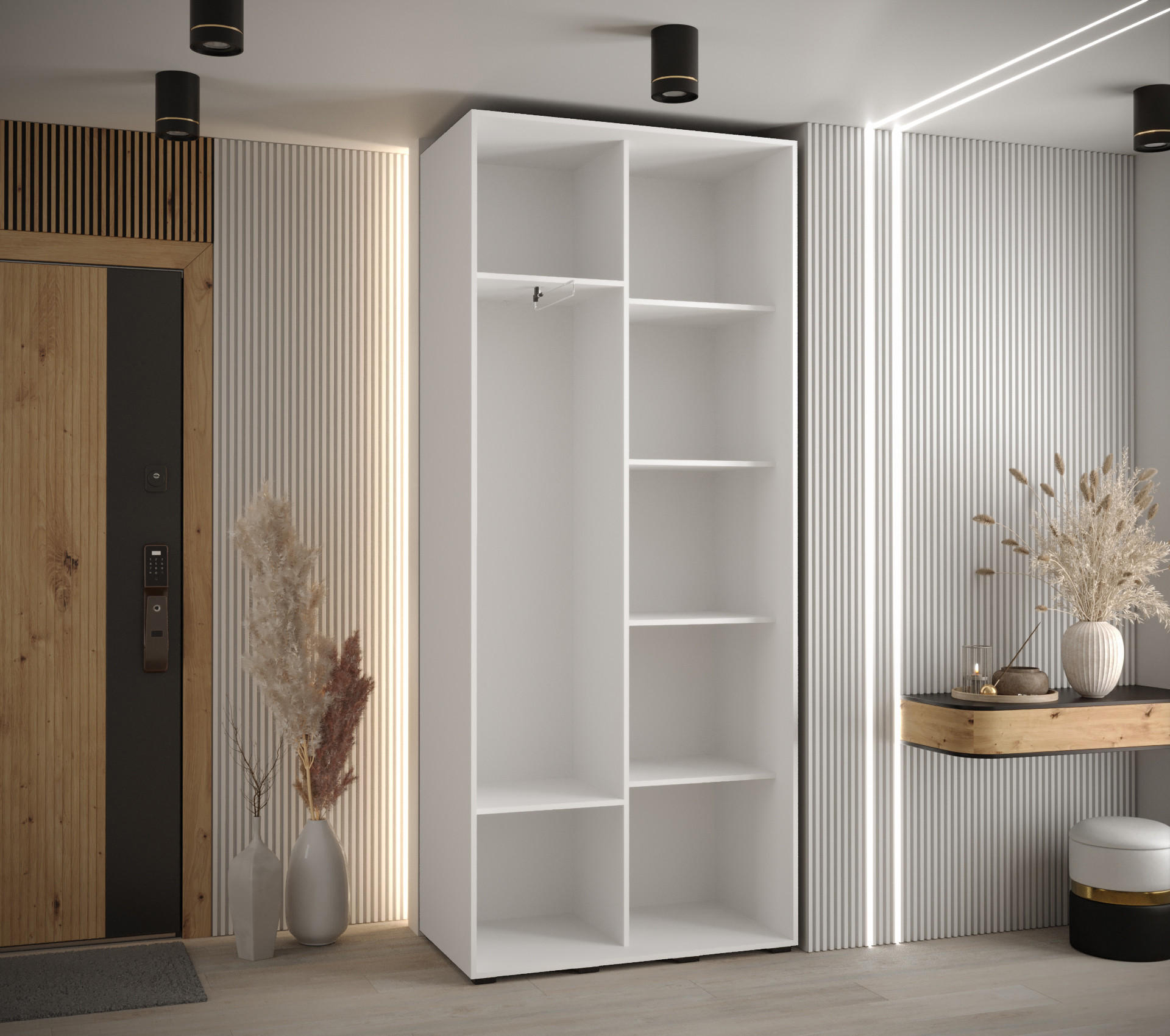 Thumbnail - Abiks Möbel Schwebetürenschrank, Weiß, Weiß, Schwarz, Metall, Nachbildung, 6 Fächer, 120x235x45 cm, Schlafzimmer, Kleide...