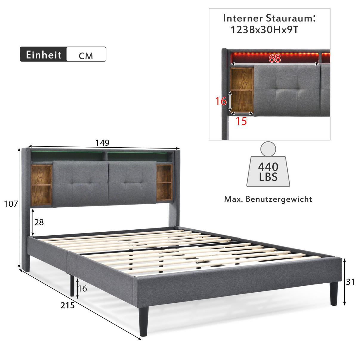 POLSTERBETT 140/200 cm Grau mit Stauraum-Kopfteil, USB-Anschluss und LED - Grau, Holz (140/200cm) - Flora Grace