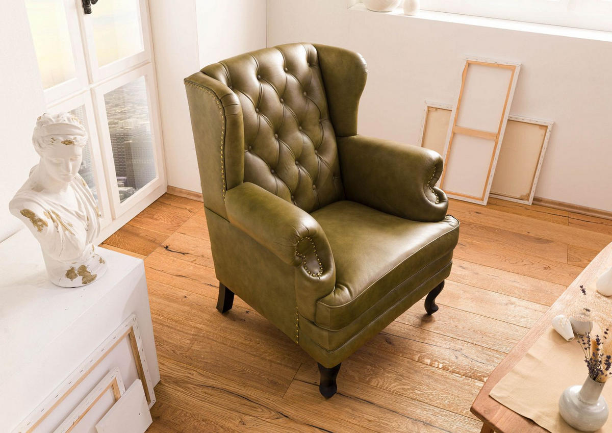 OHRENSESSEL Echtleder 88x81x105 grün CHESTERFIELD #301 - Grün, Leder (88/105/81cm) - Massivmoebel24