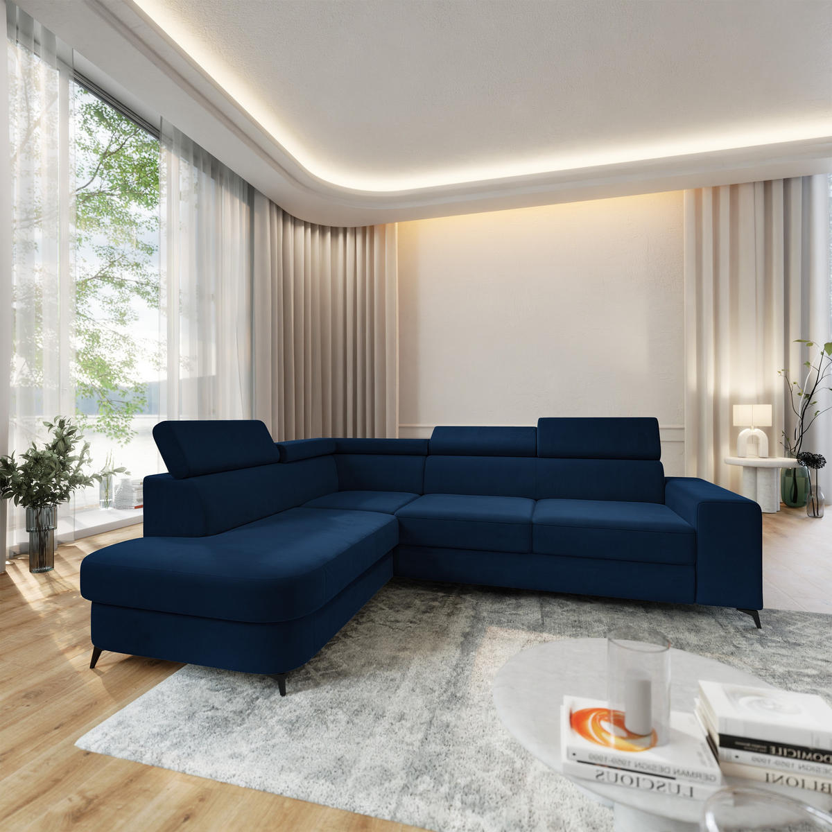 ECKSOFA ALVORO L-S Blau Velours-Stoff mit Schlaffunktion - Blau, Holz (253/190cm) - MASSENO