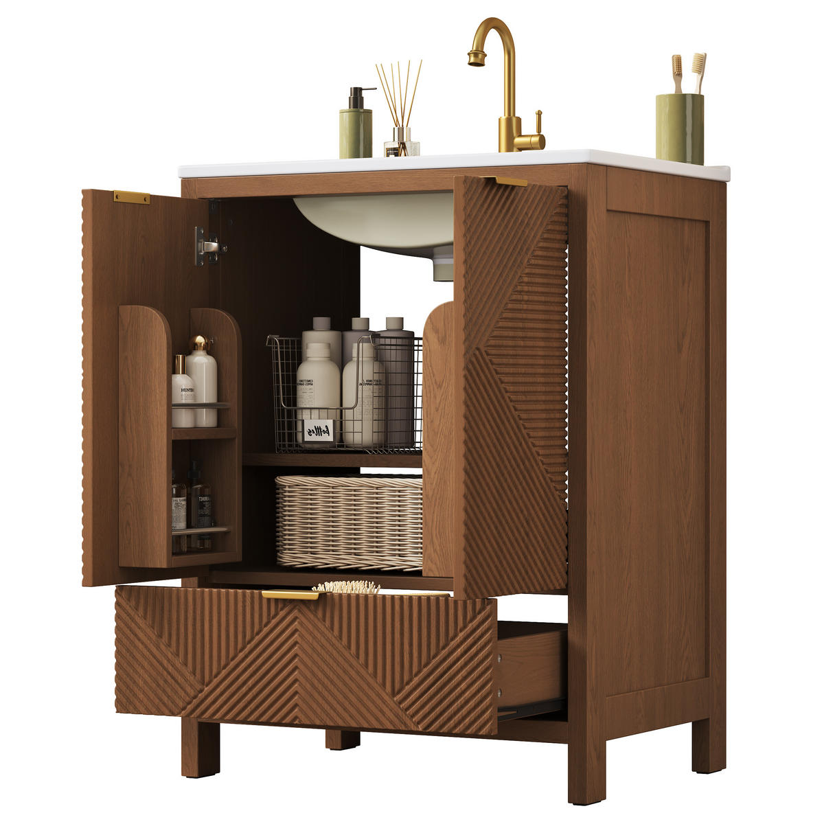 BAD-WASCHTISCHUNTERSCHRANK Walnuss mit Keramikbecken - Walnussfarben, Holzwerkstoff (61/87/47cm) - Urban Meuble