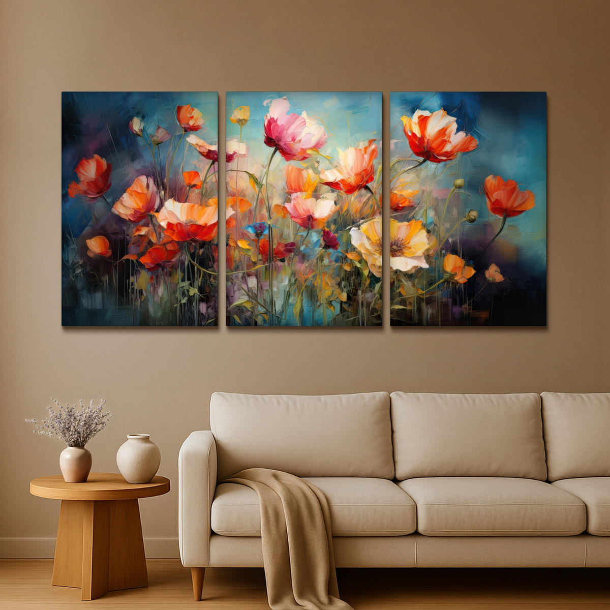 LEINWANDBILD 3er Set Blumen - Bunt - Abstrakt 240x120 cm - Blaugrau, Textil (240/120cm) - MuchoWow