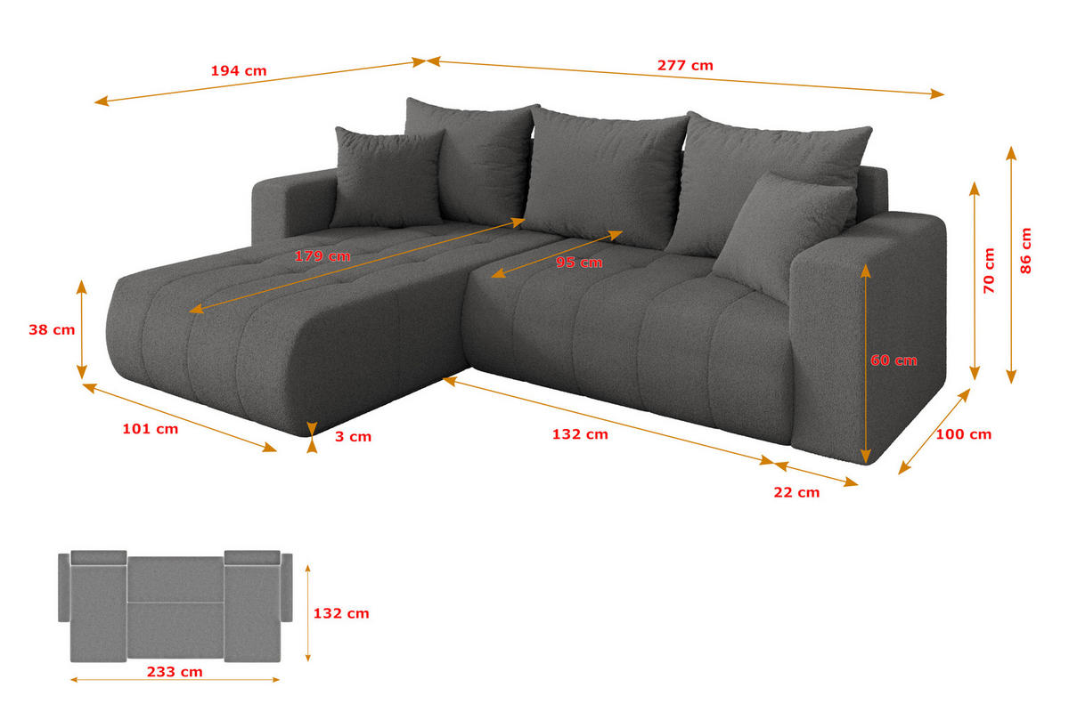 ROHOVÁ SEDAČKA s funkcí spaní, otoman vlevo MILA-L 277x194x86 šedá bouclé - šedá/černá, kompozitní dřevo/textil (277/194cm) - ALTDECOR