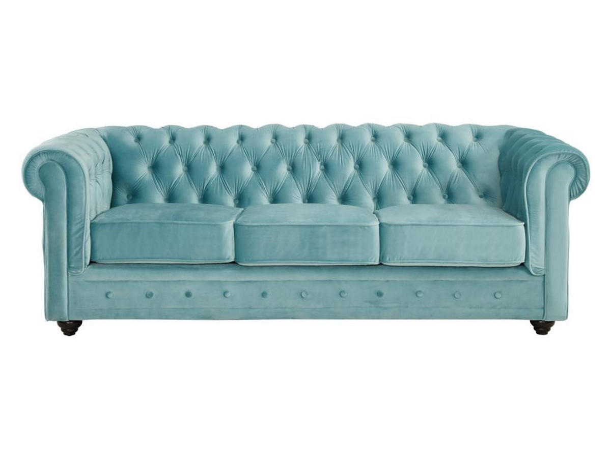SOFA 3-Sitzer - Samt - Hellblau - CHESTERFIELD - Hellblau, Textil (88/72/205cm) - Vente-Unique
