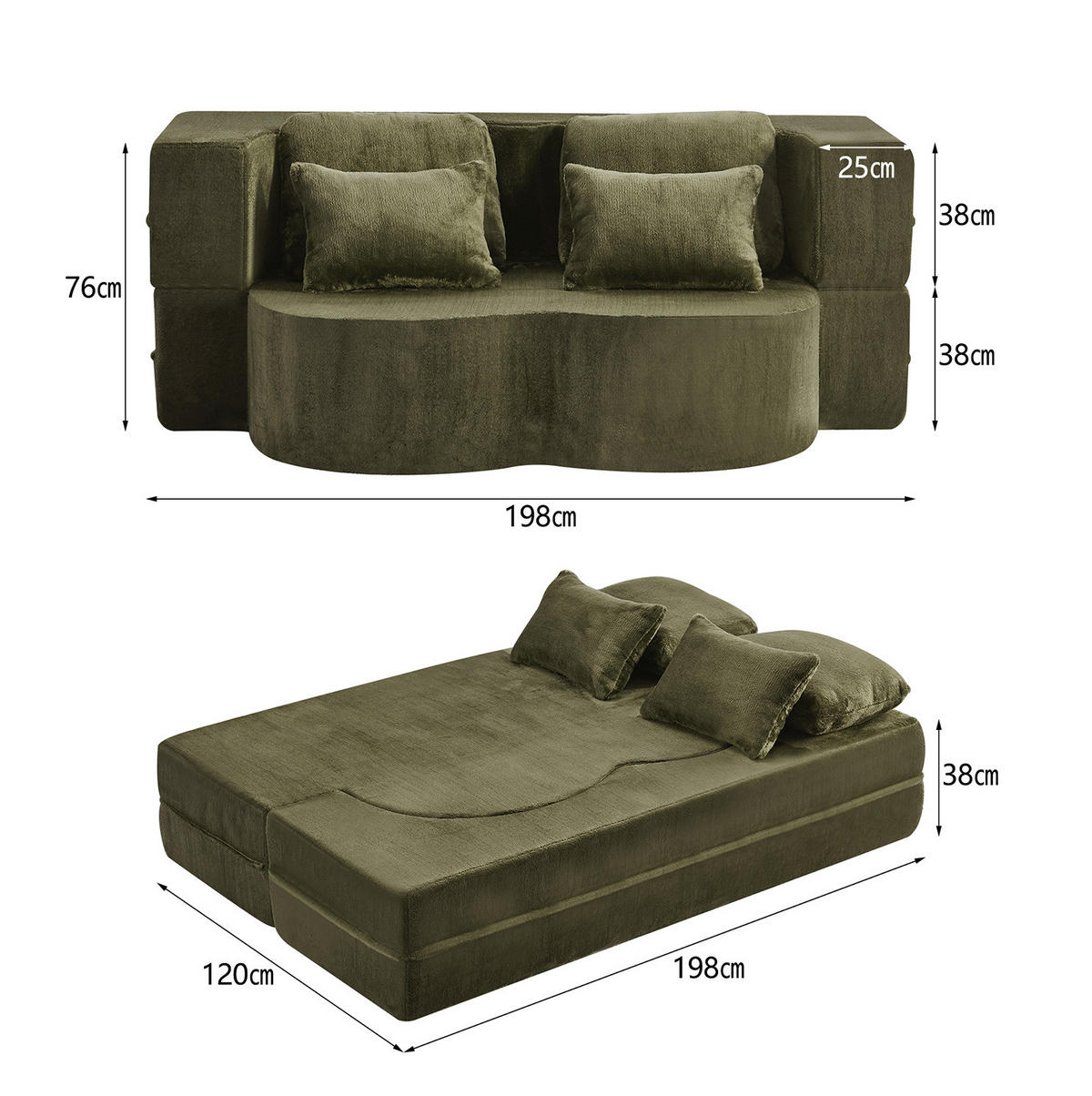 SCHLAFSOFA aus Plüschstoff 2-in-1 mit 4 Kissen, faltbar und multifunktional, Grün - Grün, Kunststoff (198/76/60cm) - Redom
