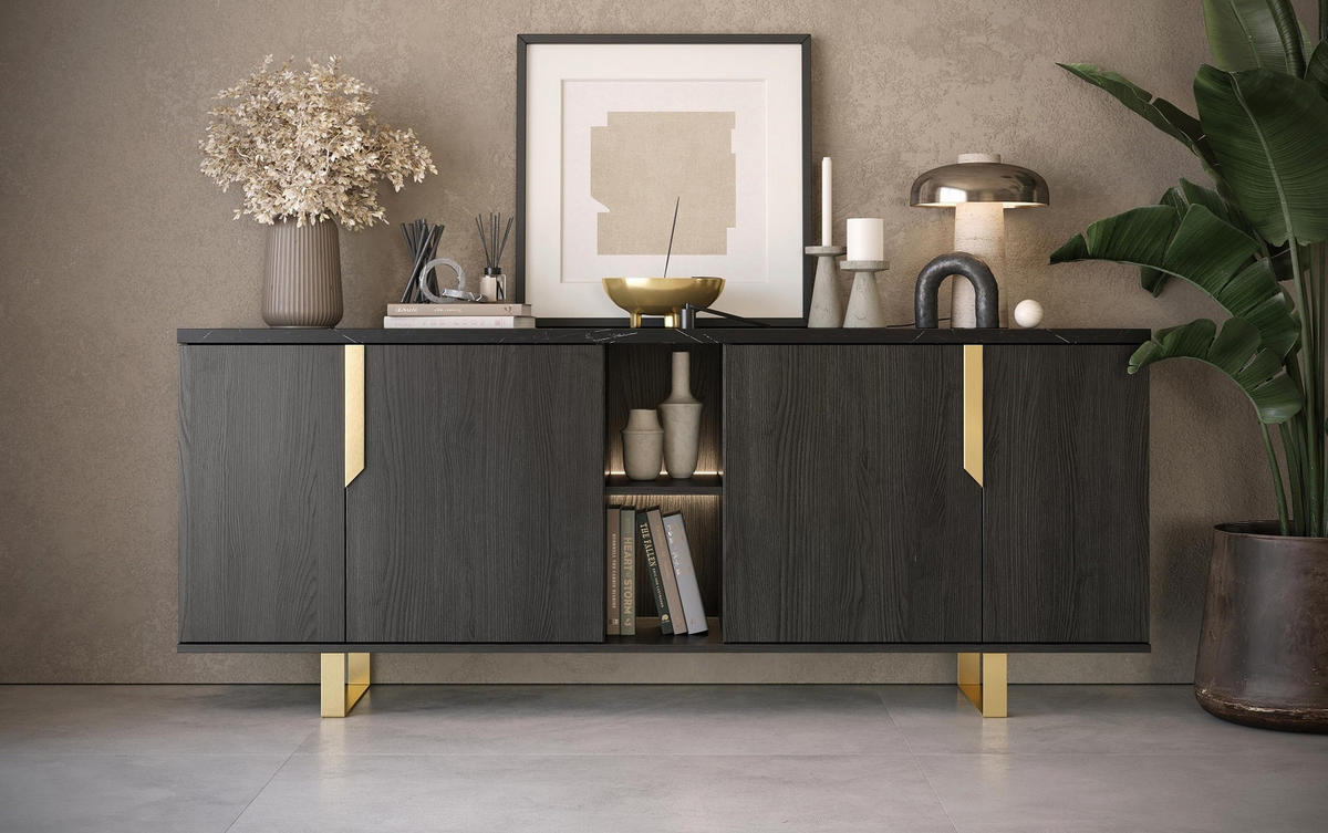 SIDEBOARD ORION 165/205 cm in Rosenholzoptik mit Marmoroptik - Goldfarben/Schwarz, Holzwerkstoff/Metall (205/83/49cm) - Interdesign24