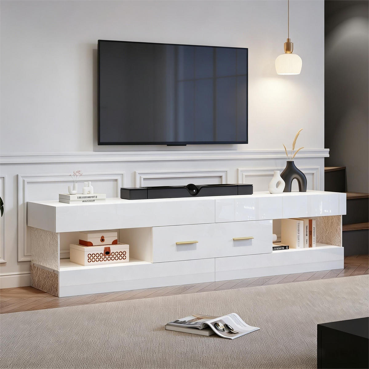 TV-ELEMENT152X35X40CM Weiß Lowboard mit App-gesteuerter LED-Beleuchtung - Weiß, Holz (46.71/18.21/89cm) - Raelunyi