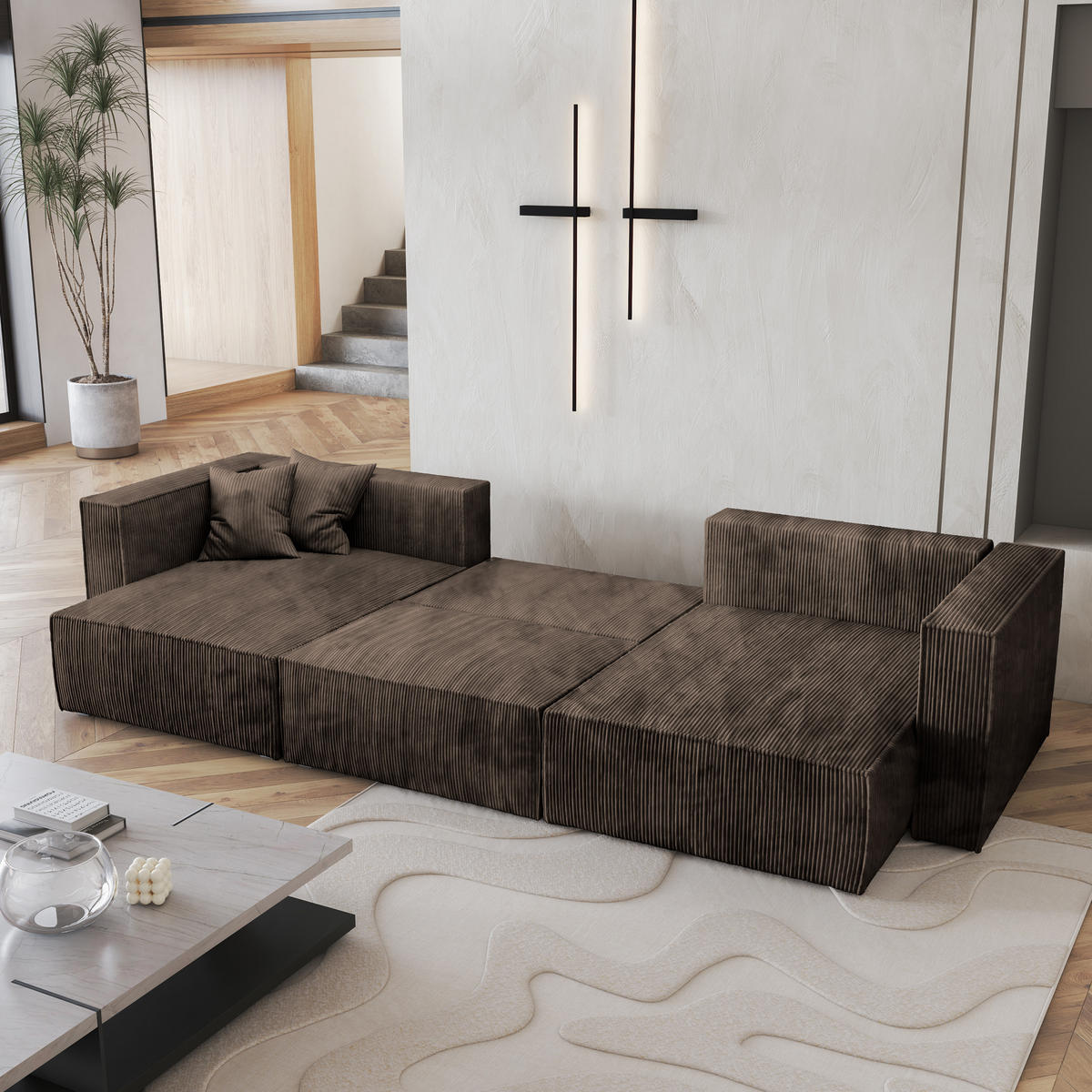 WOHNLANDSCHAFT SARMO P Braun Kordstoff mit Schlaffunktion - Braun, Holz (347/70/148cm) - MASSENO