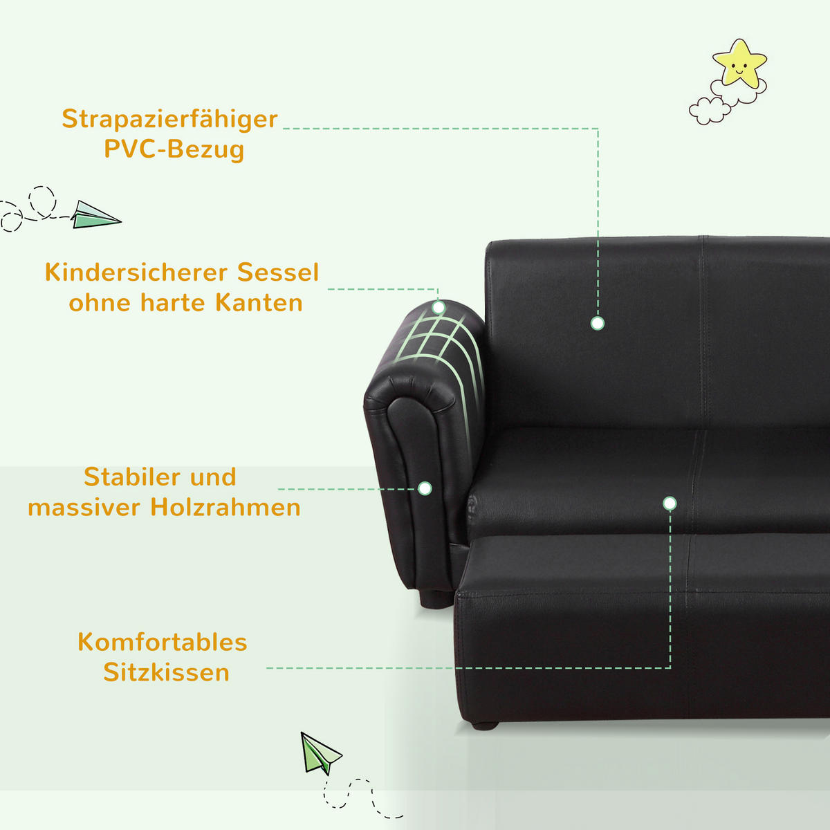 KINDERSESSEL, Schwarz, Holz, PVC - Schwarz, Holz (42/41/83cm) - HOMCOM