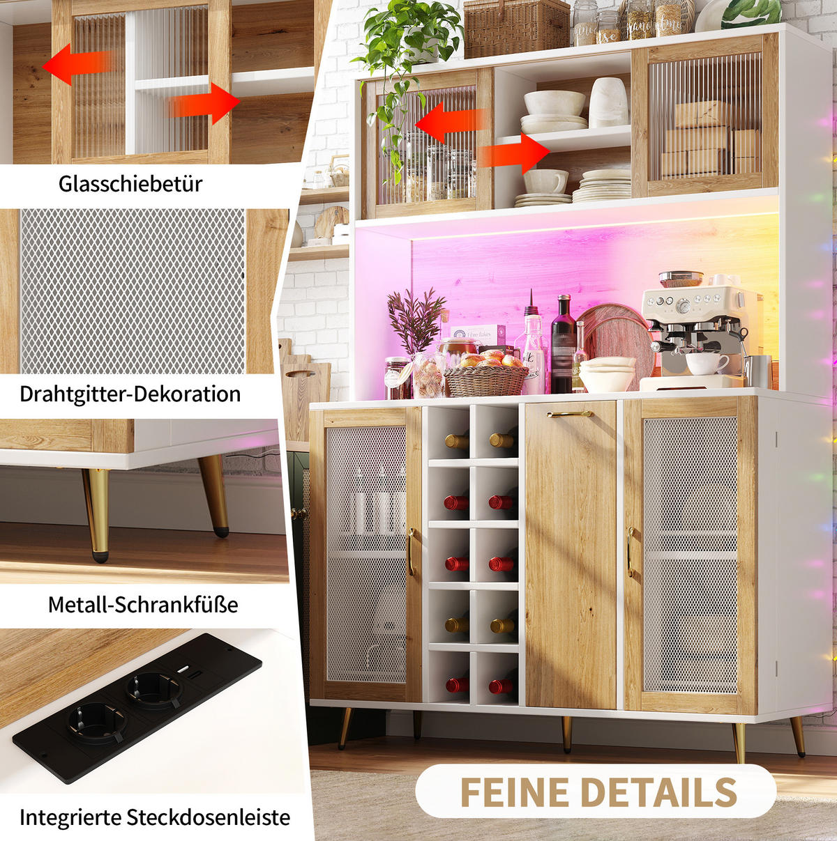 BUFFET 120/40/170 cm aus MDF mit LED-Beleuchtung und Steckdose Weiß (Holzoptik) - Weiß, Holzwerkstoff (120/170/40cm) - Modenvie