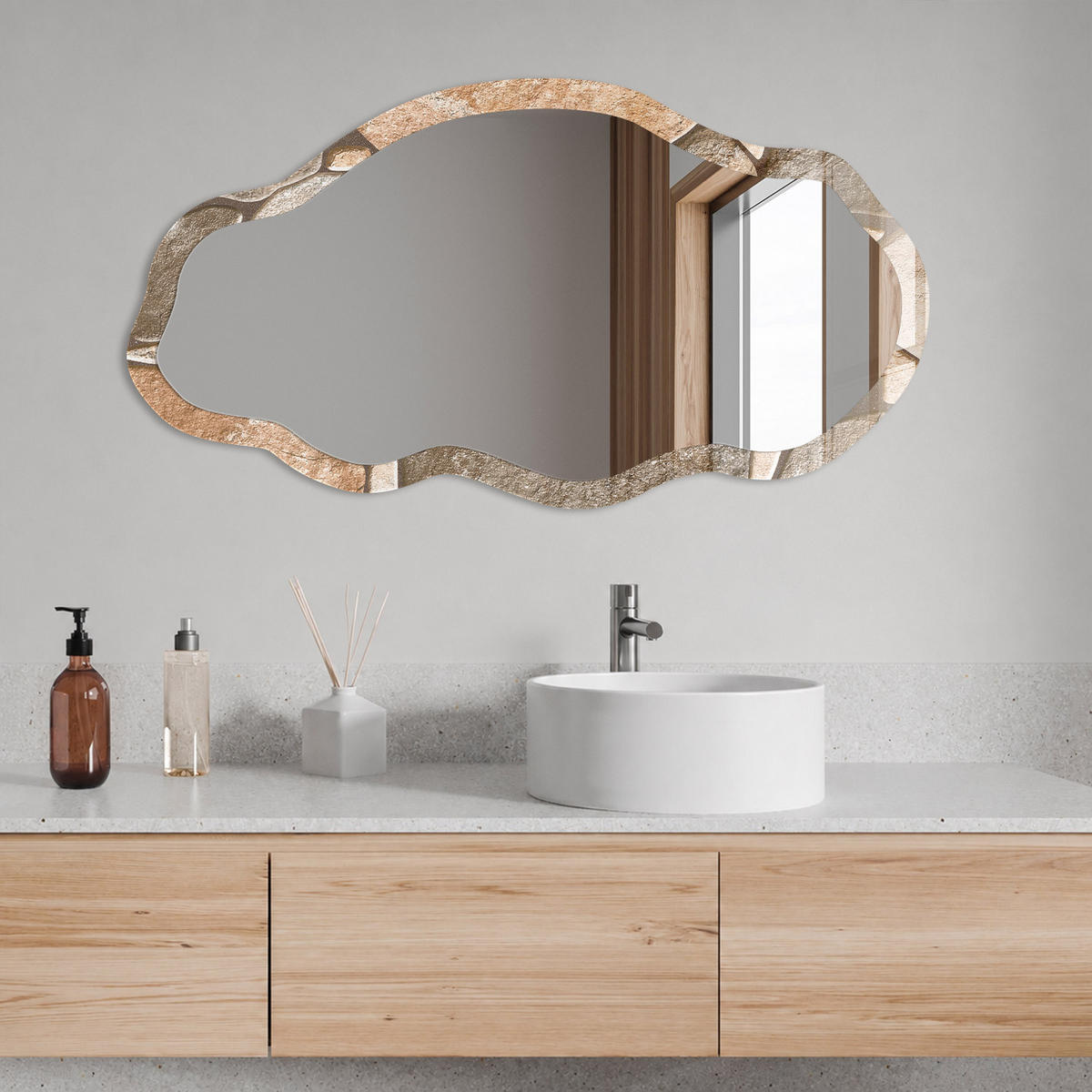 SPIEGEL 90x45 cm asymmetrisch mit Druck - Steinmosaik - Transparent, Glas (45/90/0.4cm) - TULUP