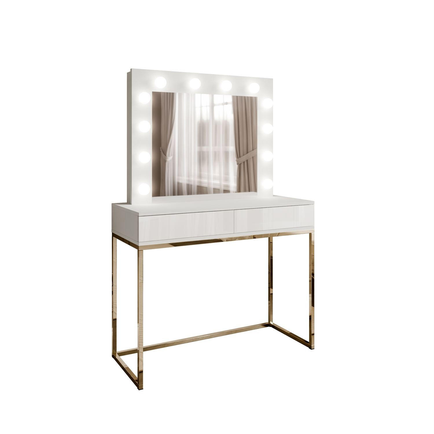 SCHMINKTISCH BLANCO mit Spiegel und Beleuchtung Gold Chrom Weiß Hochglanz PUSH OPEN - Weiß Hochglanz/Goldfarben, Holzwerkstoff (100/146/42cm) - Lookway