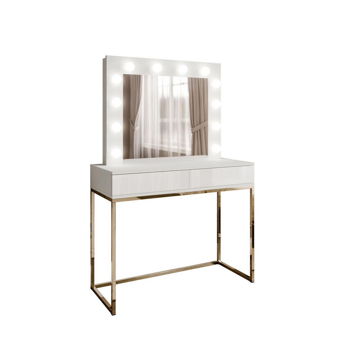 SCHMINKTISCH BLANCO mit Spiegel und Beleuchtung Gold Chrom Weiß Hochglanz PUSH OPEN - Weiß Hochglanz/Goldfarben, Holzwerkstoff (100/146/42cm) - Lookway