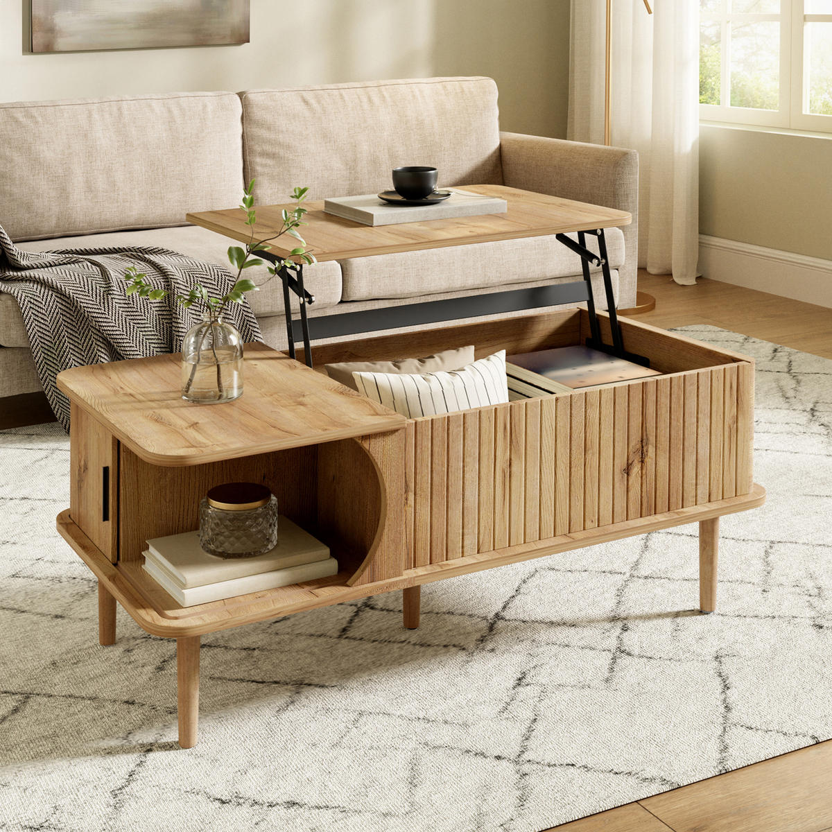 COUCHTISCH höhenverstellbar mit Schiebetür und Rillenoptik - Naturfarben, Holzwerkstoff (48/100/55.5cm) - FLIEKS