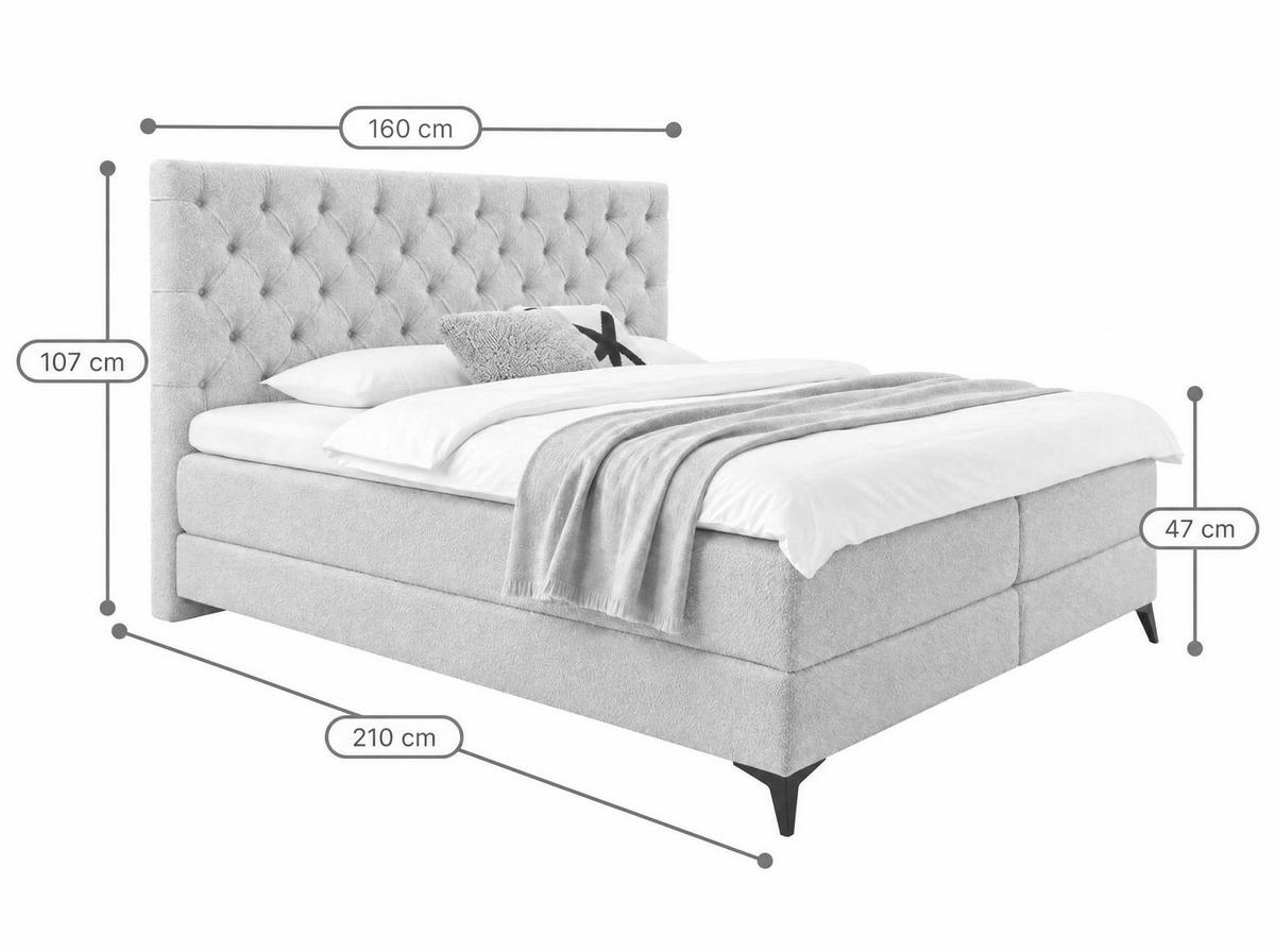 BOXBETT Amber Hellbeige 160/200 cm Boucle mit Bettkasten, mit Matratze, mit Premium Topper H3/H4 - Beige/Schwarz, Textil (160/200cm) - wonello