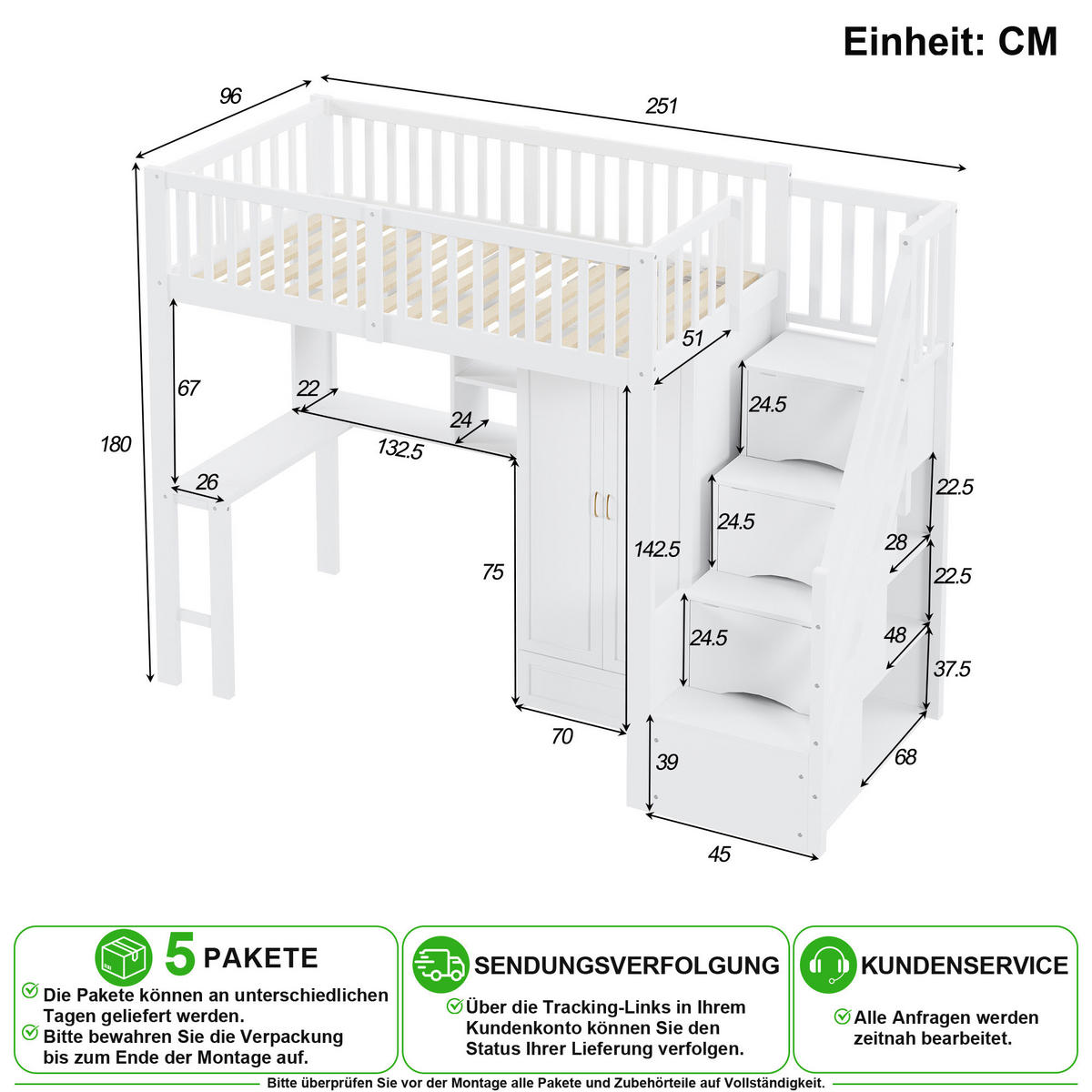 HOCHBETT 90/200 cm in Weiß mit Schubladen, Kleiderschrank und Tisch - Weiß, Holz/Holzwerkstoff (90/200cm) - CHICFURN