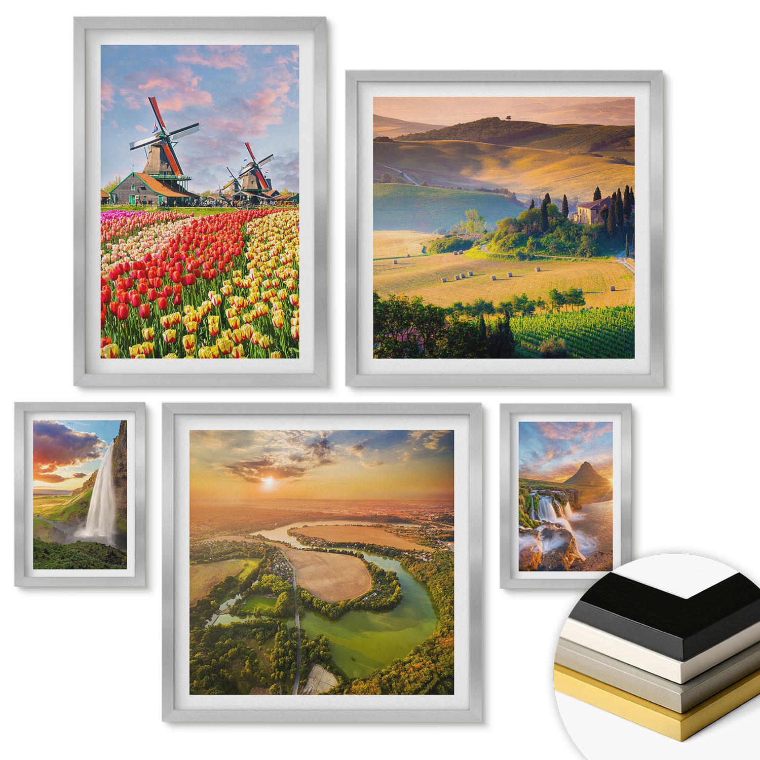 WANDBILDER 5er Set - 50x50 cm & 20x30 cm & 40x60 cm Silberner Rahmen - Whisky, Wein, Champagner, Kaffee, Alkohol - Silberfarben, Kunststoff (40/60cm) - ArtPrintCave