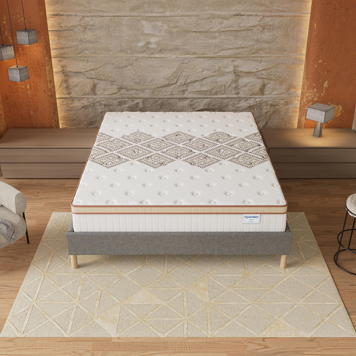 BETT und MATRATZE - 180 x 200 cm - Taschenfederkern - 28cm dick - Grau, Naturmaterialien/Eichenholz (180/200cm) - November Sleep
