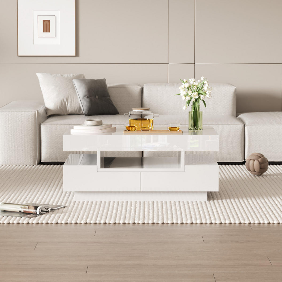 COUCHTISCH Hochglanz 4 Schubladen LED-Lichtleiste Weiß - Weiß, Holz (93/59/18cm) - FLIEKS