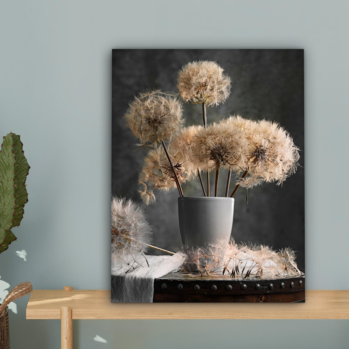 LEINWANDBILD Blumensamen - Löwenzahn - Vase - Stilleben - Blumenstrauß Room Decor 30x40 cm - Dunkelgrau, Textil (30/40cm) - MuchoWow