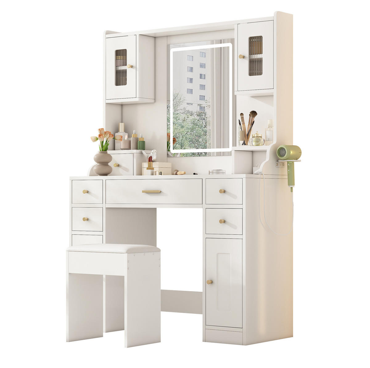 SCHMINKTISCH 105/40/152 cm in Weiß mit LED-Beleuchtung und 6 Schubladen - Weiß, Holzwerkstoff (40/152/105cm) - Flora Grace