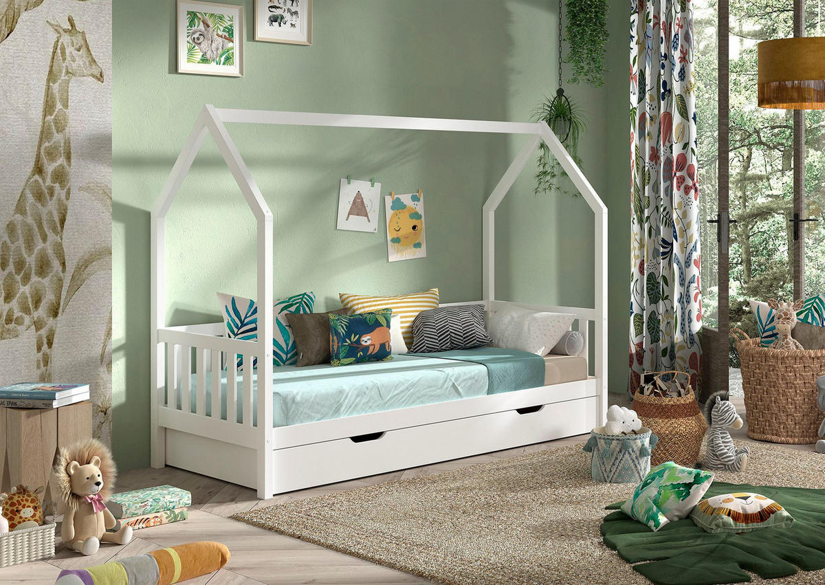 HAUSBETT Kandace 90x200 Kiefer massiv weiß mit Dachaufbau & Schublade - Weiß, Holz (90/200cm) - 58aufmkessel