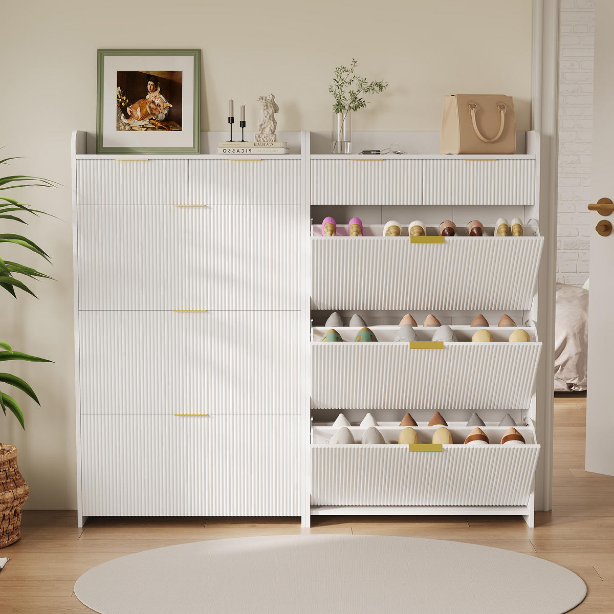 SCHUHSCHRANK Weiß mit 3 Klappen, Schuhkommode für Flur und Wohnzimmer - Weiß, Holz/Metall (24/77/134cm) - PARAFTA HOME