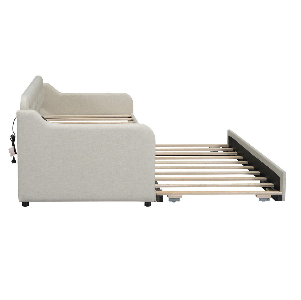 POLSTERBETT aus Leinen 90x200 cm Beige mit Ausziehbett, USB-Anschluss und schlichtem Design - Beige, Textil (90/200cm) - Modfu