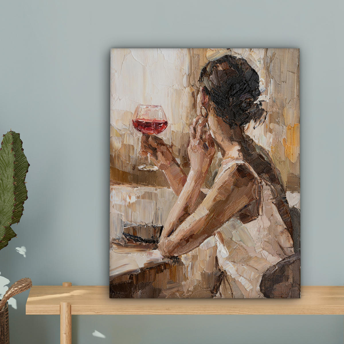 LEINWANDBILD Ölgemälde - Frau - Wein 30x40 cm - Hellbraun, Textil (30/40cm) - MuchoWow