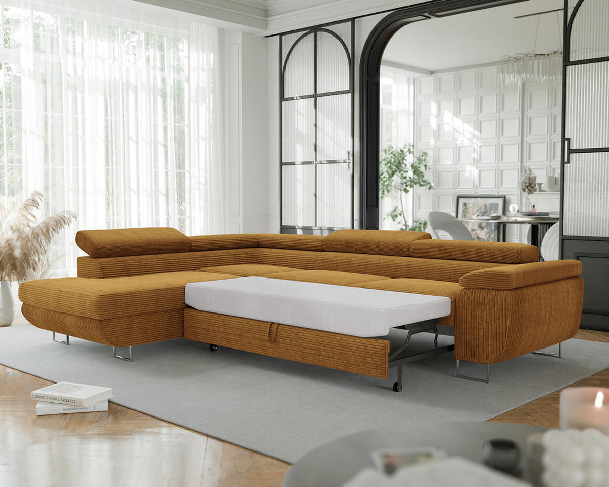 ECKSOFA ANTON mit Schlaffunktion und Bettkasten Senfgelb - Currygelb, Holzwerkstoff/Kunststoff (274/203cm) - Idohome