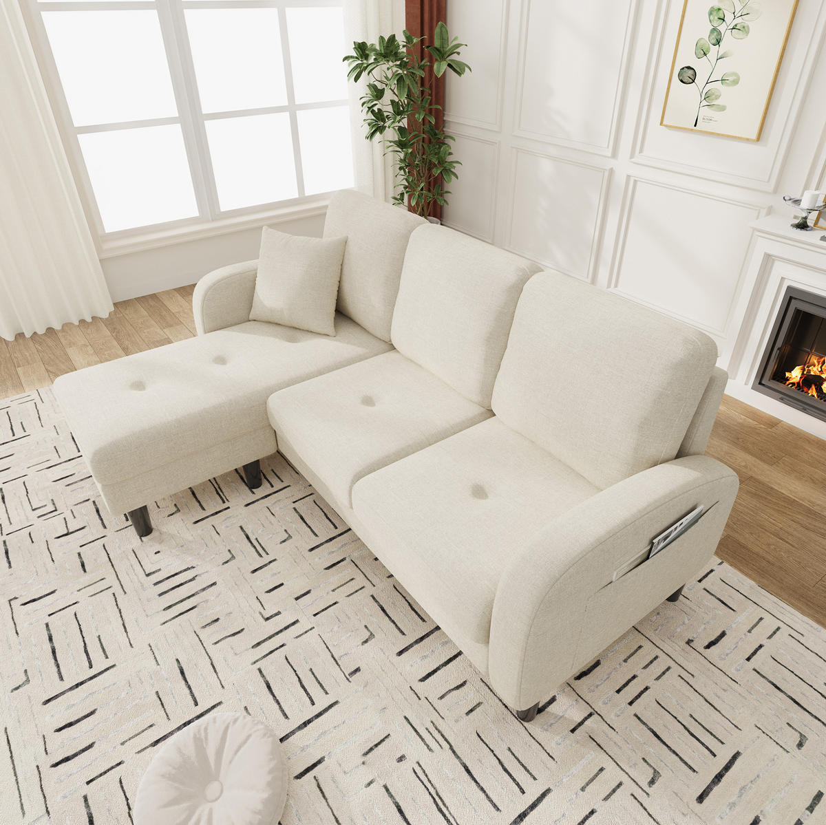 SOFA modular mit Chaiselongue 166 x 118 x 77 cm Hellbeige - Weiß, Holz (118/166cm) - Meubliv